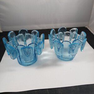 Vintage 1980's Viking Blue Ice Finnish Crown Glass Votive Candle Holder Pair